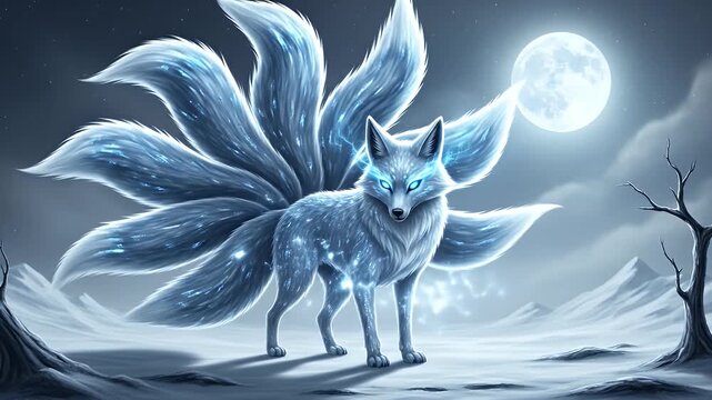A magical ice fox with nine tails and glowing eyes in a snowy landscape under a full moon