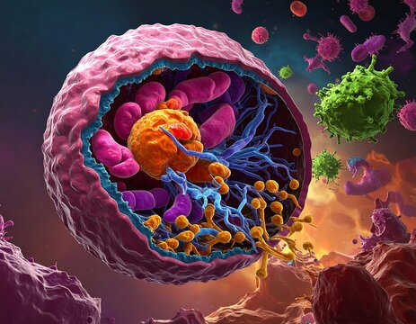 Colorful microscopic view of a cell and viruses