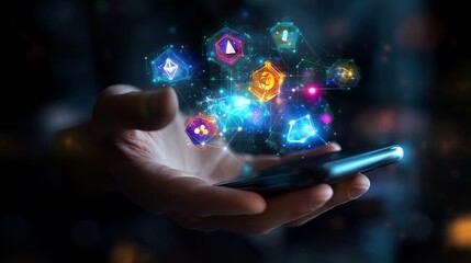 dynamic concept art of user hand under a hovering phone with bright holograms of NFT avatars, digital assets, and interconnected blockchain symbols
