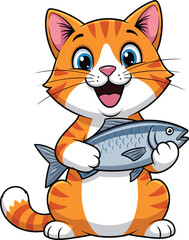 Adorable orange cartoon cat holding big fish, happy smiling kitten vector illustration, cute pet animal design for children and prints