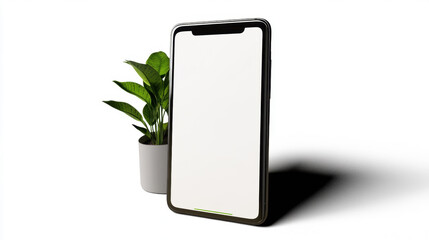 Smartphone blank screen modern digital device white background potted plant minimal technology mockup isolated clean contemporary vertical mobile display green shadow workspace communication