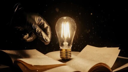 Glowing light bulb placed on old book pages with hand reaching in the dark
 - Powered by Adobe