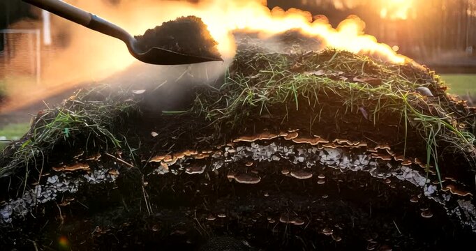 Timelapse of composting process: shovel mixing organic waste, soil, and grass generating heat,