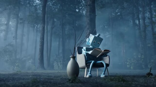 Cute blue robot reading a book on a chair in a foggy forest
