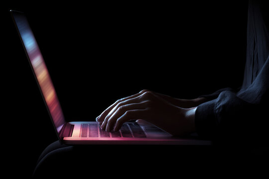 Hands typing on illuminated laptop keyboard in dark room, colorful screen reflection, technology and focus concept, creative workspace, modern digital lifestyle