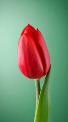 Red tulip against a green background