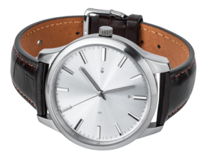 Angled Side View of Leather-Strap Wristwatch, Showing Strap Texture and Watch Depth, isolated on transparent background.