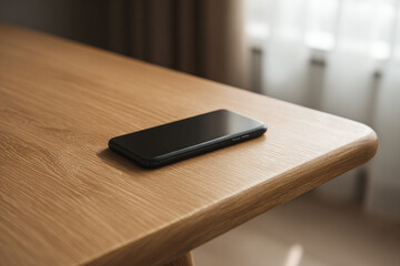 Smartphone black modern technology device table wood minimalist interior sunlight calm reflection communication screen horizontal empty contemporary workspace home digital sleek wireless portable