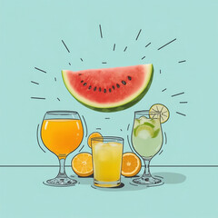 Illustration of Drinks and Fruit on Pale Blue Background