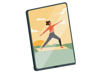 A tablet displays a woman in a dawn yoga pose. A plant and blurred beach scene create a serene, digital backdrop. Modern, flat design illustration.