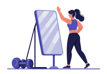 A woman adjusts a mirror, preparing for a workout. Modern illustration style, focusing on self-reflection and fitness goals. Clean, vibrant design.