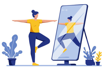 A woman practices yoga in front of a phone displaying her reflection. A modern, minimalist illustration style. Focus on wellness and self-awareness.