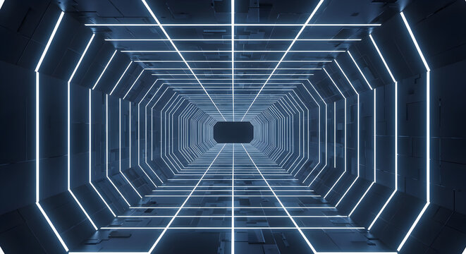 A futuristic, dimly lit hexagonal tunnel with glowing blue neon lights receding into the distance, creating a sense of depth and mystery.