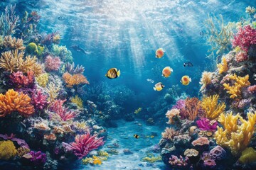 Naklejka premium Vibrant coral reef teems with tropical fish and diverse marine life, sunlit underwater scene captures pristine ocean ecosystem and natural beauty.