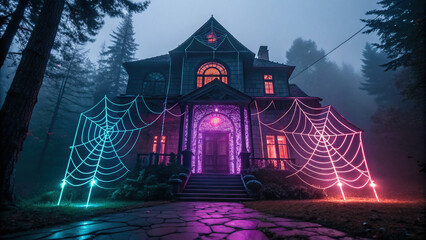 Mysterious haunted house is illuminated with neon lights in cyberpunk style, featuring glowing spider webs and surrounded by foggy forest, creating eerie atmosphere
