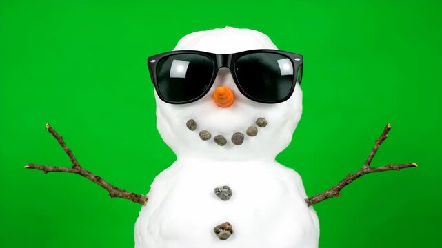 Cool Snowman with Sunglasses on Green Screen - A snowman with twig arms, a carrot nose, and a pebble smile is wearing black sunglasses. The background is a bright green chroma key for easy removal.