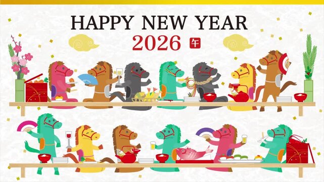 2026 Year of the Horse New Year&rsquo;s card zodiac horse party illustration video