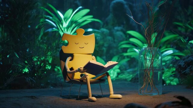 Surreal illustration of a yellow puzzle piece character reading a book in a glowing mystical forest, symbolizing knowledge and self discovery
