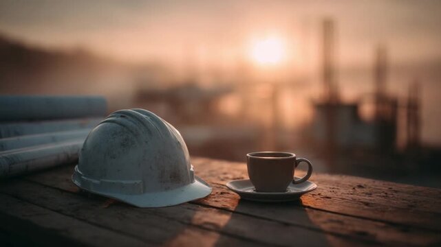 Sunrise Construction Break: A hardworking construction worker's helmet and a warm cup of coffee rest on a wooden table, capturing a serene moment during a sunrise.