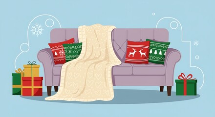 Cozy Christmas Living Room Scene with Sofa and Gifts.