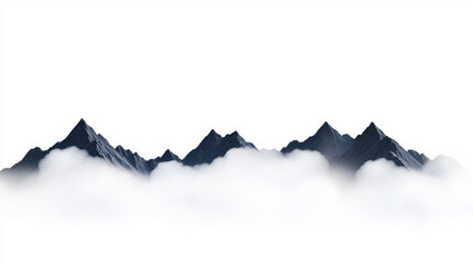 Faint mountain silhouettes layered in atmospheric mist, dark peaks emerging above soft white clouds, tranquil and minimal landscape with high contrast