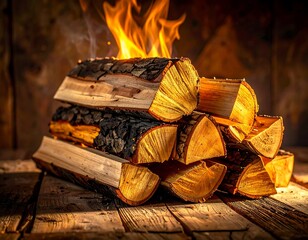 Firewood pile, warm flames