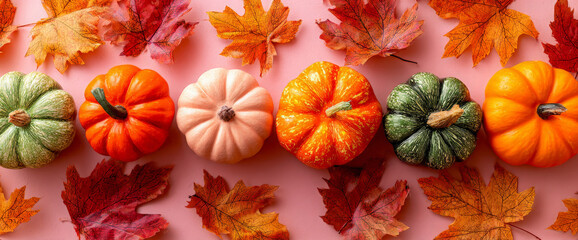 Fototapeta premium A vibrant arrangement of assorted pumpkins in various colors, surrounded by autumn leaves on a pink background, creating a festive atmosphere ideal for seasonal decor or culinary themes