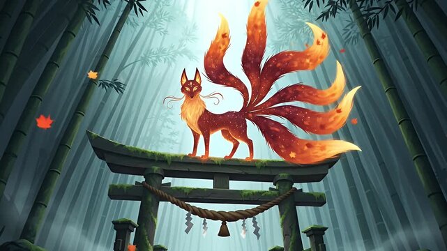 A mythical nine-tailed fire fox spirit standing guard on a traditional torii gate in a bamboo forest