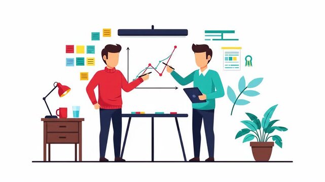 Flat vector of two business professionals analyzing a sales chart on a whiteboard in an office isolated on white background business