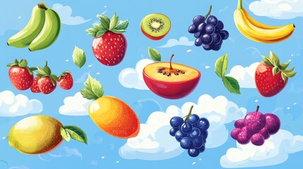 playful food symbol set with detailed juicy fruits, rounded cartoon style, crisp vector lines, and clean blue sky backdrop