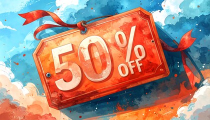Floating sale tag in vibrant clouds