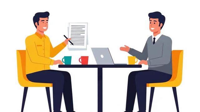 Flat vector of two colleagues are working together at the table, one is holding a pen and the other is holding a laptop, isolated on white background business