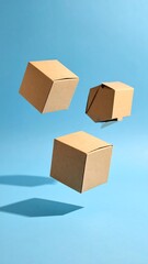 Three light beige cardboard boxes levitating against a vibrant blue backdrop
