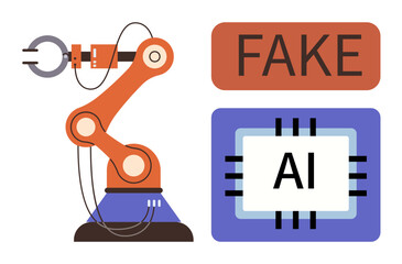 Industrial robotic arm alongside FAKE label and AI chip, exploring themes of technology, artificial intelligence, ethics, automation, innovation, machine learning, and integrity. Simple flat metaphor