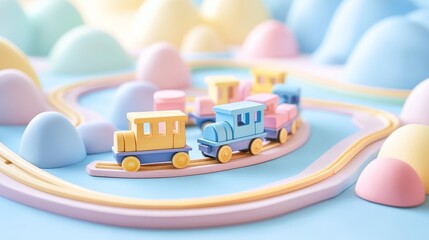 retro wooden toy trains arranged in a playful curved track, soft watercolor shades of blue, pink, and yellow, ideal for children's birthday designs