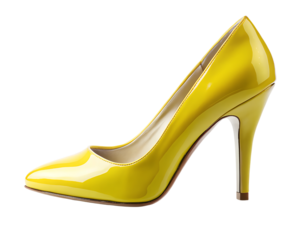 Fashionable women yellow high heel single shoe angled diagonally shiny surface on transparent background