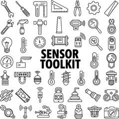 Sensor Toolkit and Measurement Devices Line Art Icons Set. Collection of Outline Industrial Tools, Gauges, Thermometers, and Electronic Components on White Background.