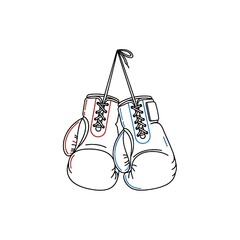 Flat outline of a pair of boxing gloves hanging by lace, red and blue accents
