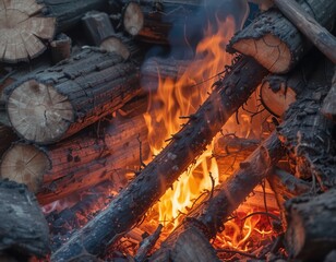 Burning Wood Logs Campfire Closeup: Intense Flames and Embers Glowing in Dark Setting