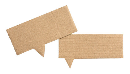 Brown blank cut out cardboard paper speech bubbles with copy space for text on transparent png background conversation discussion design element