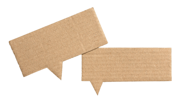 Brown blank cut out cardboard paper speech bubbles with copy space for text on transparent png background conversation discussion design element