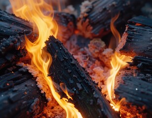 Burning Embers: A Close-Up View of a Campfire's Fiery Heart