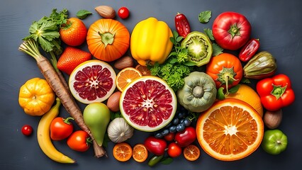 Colorful fresh fruits and vegetables arranged artistically on a dark surface.