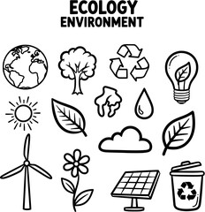 Ecology and Environment Hand-Drawn Icon Set: Sustainable Nature, Renewable Energy, and Recycling Symbols