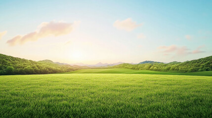 Obraz premium Lush green grass field under soft pink sunset sky, surrounded by rolling hills and distant mountains, peaceful and serene landscape with glowing light