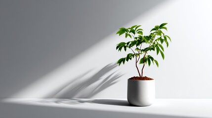 Minimal Potted Plant Casting Shadow on White Surface
