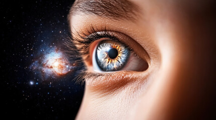 Galactic eye glowing nebula light watching over cosmic universe closeup human iris surreal fantasy vision astronomy space dream imagination colorful detail macro inspiration wonder mystery