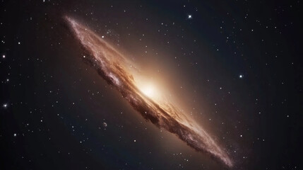 Spiral galaxy glowing with bright core, surrounded by cosmic dust, stars, and nebula shapes, evoking sense of wonder and mystery in deep space exploration