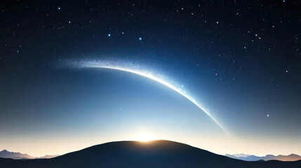 Curved horizon dreamy nebula galaxy starry sky silhouette mountain night cosmic landscape serene peaceful glowing dawn astronomy universe tranquil celestial space fantasy blue light ethereal