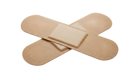 A close-up of two beige medical plasters crossed in an X shape, symbolizing injury protection, first aid, and healing, isolated on a white background